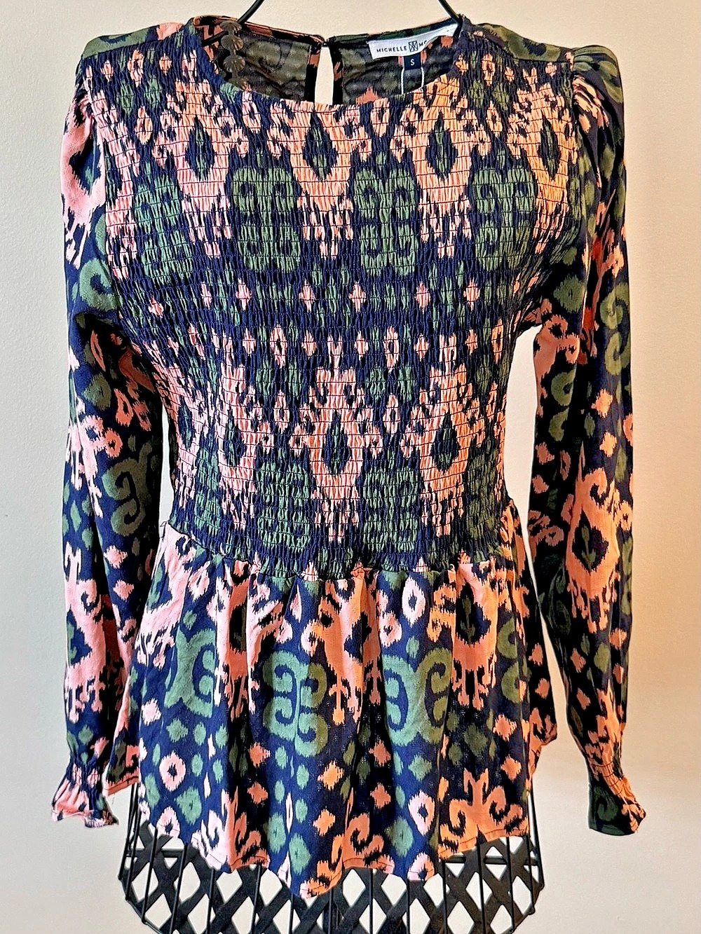 Michelle McDowell - Ikat Smocked Peplum Blouse - S - Navy Multicolor - NWT
